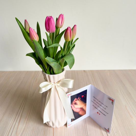 FLORERO 5 TULIPANES ROSADOS