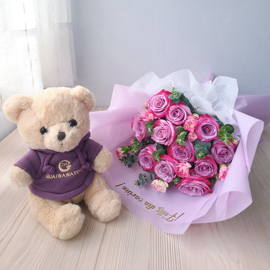 RAMO ROSAS LILA CON PELUCHE
